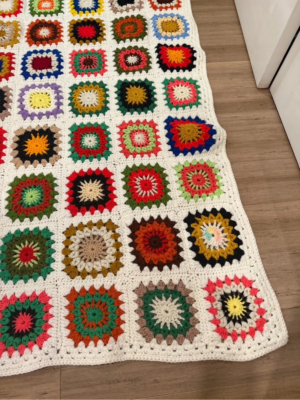 Handmade Multicolor Crochet Granny Square Blanket - White Border